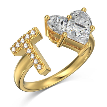 0.75 Carat Heart Shaped 5A Cubic Zircon Simulated Diamond Open Adjustable Wedding Anniversary A-Z Alphabet Initial T Ring