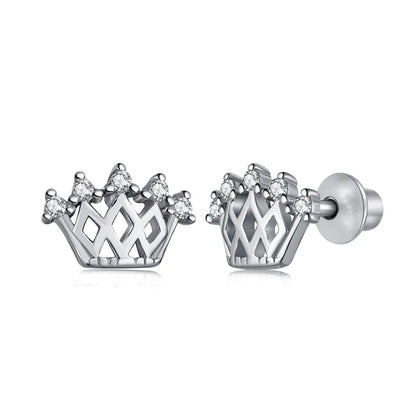 Hypoallergenic Nickel Free 925 Sterling Silver Kid Children 5A CZ Cubic Zirconia Hallow Out Crown Stud Earrings