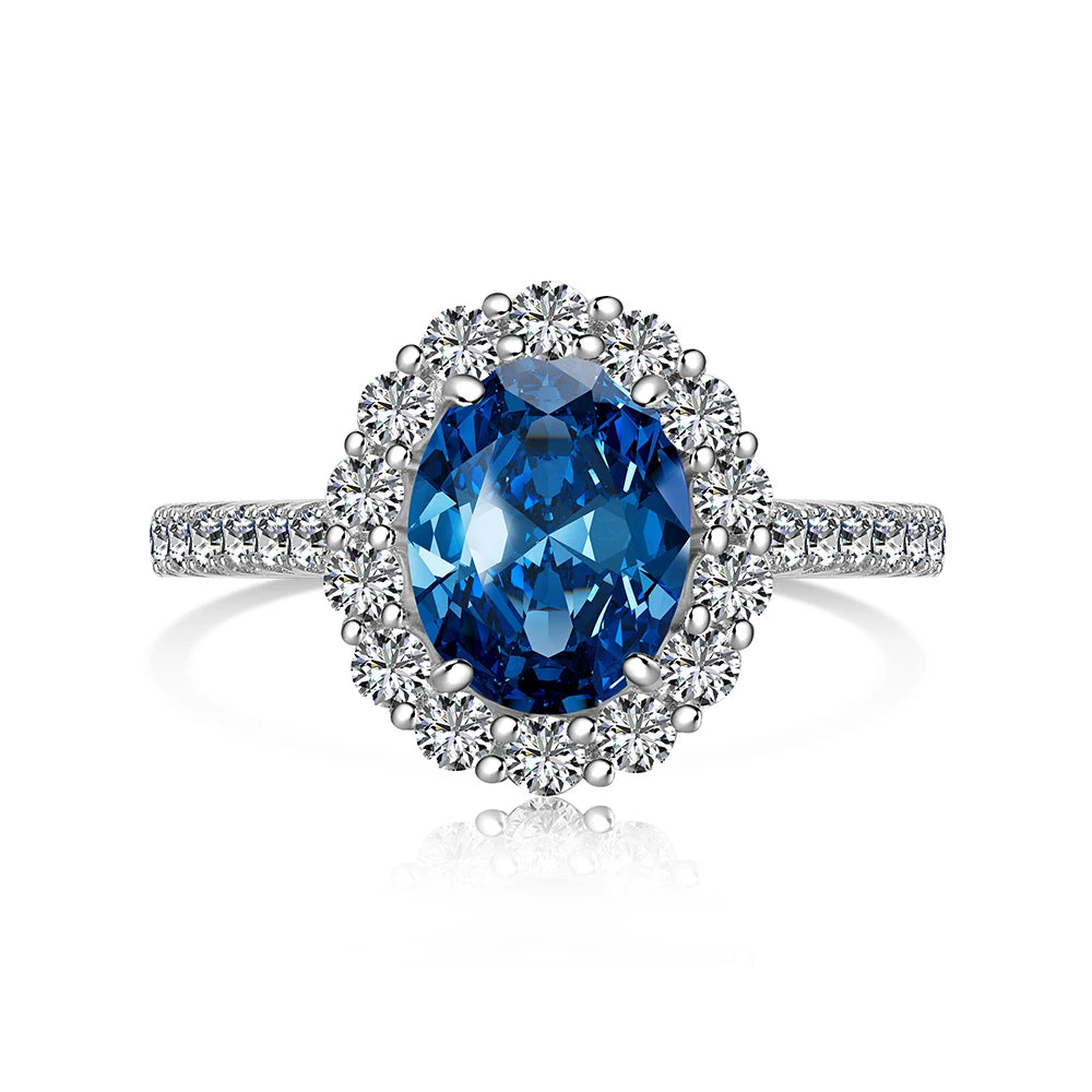 Sparkle Collection Classic Design S925 Silver Rhodium Plated Diamond Sapphire 5A Zirconia Halo Wedding Engagement Rings