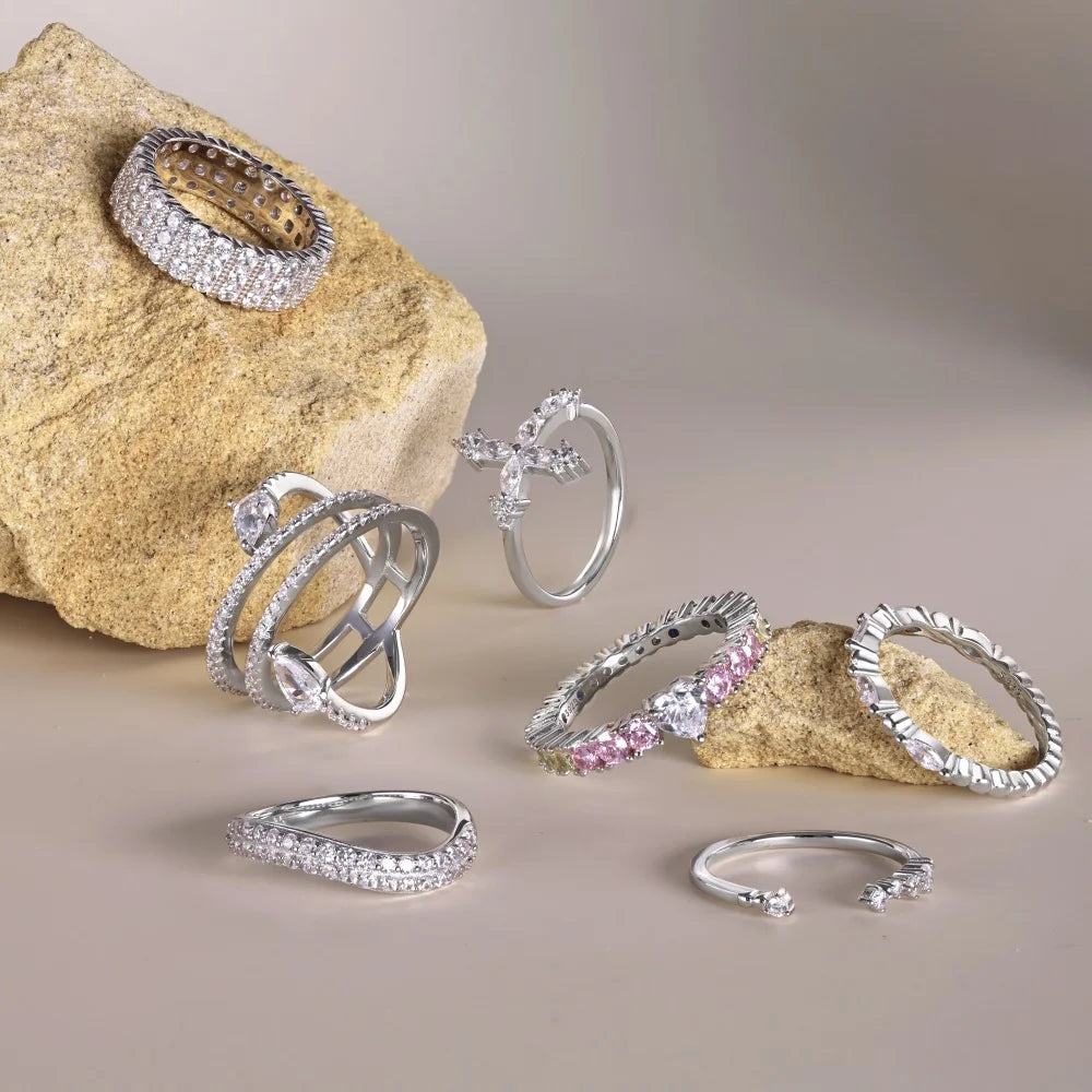 Magnificent Fine Jewellery Non Tarnish Rhodium Plated S925 Silver Multiple Layer Eternity Band 5A Zirconia Bridal Rings