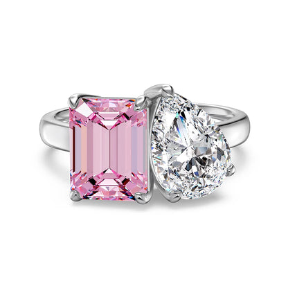 Sterling Silver Rhodium Plated Rectangle Pear Shape Double Stone 5A Zirconia Wedding Engagement Band Ring