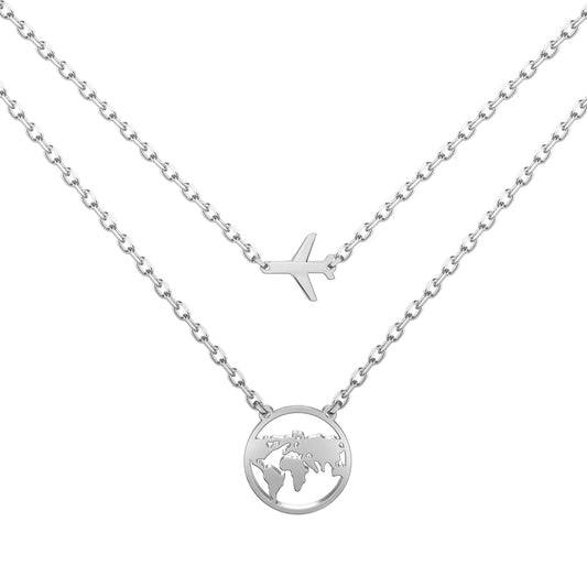 High Quality Silver Hollow World Map Pendant Necklace Earth Jewelry 18K Gold Plated Waterproof Chain Airplane Necklaces