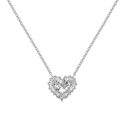 Delicate Design 925 Sterling Silver Hypoallergenic Link Chain Baguette Stone 5A Cubic Zirconia Heart Pendant Necklaces