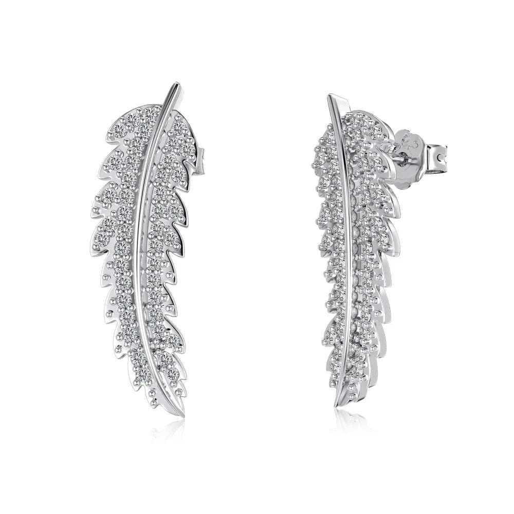 Fine Jewelry Supplier 925 Sterling Silver Non Tarnish Feather 5A Grade Cubic Zirconia Leaf Shape Stud Earrings for Women