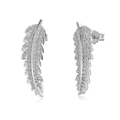 Fine Jewelry Supplier 925 Sterling Silver Non Tarnish Feather 5A Grade Cubic Zirconia Leaf Shape Stud Earrings for Women