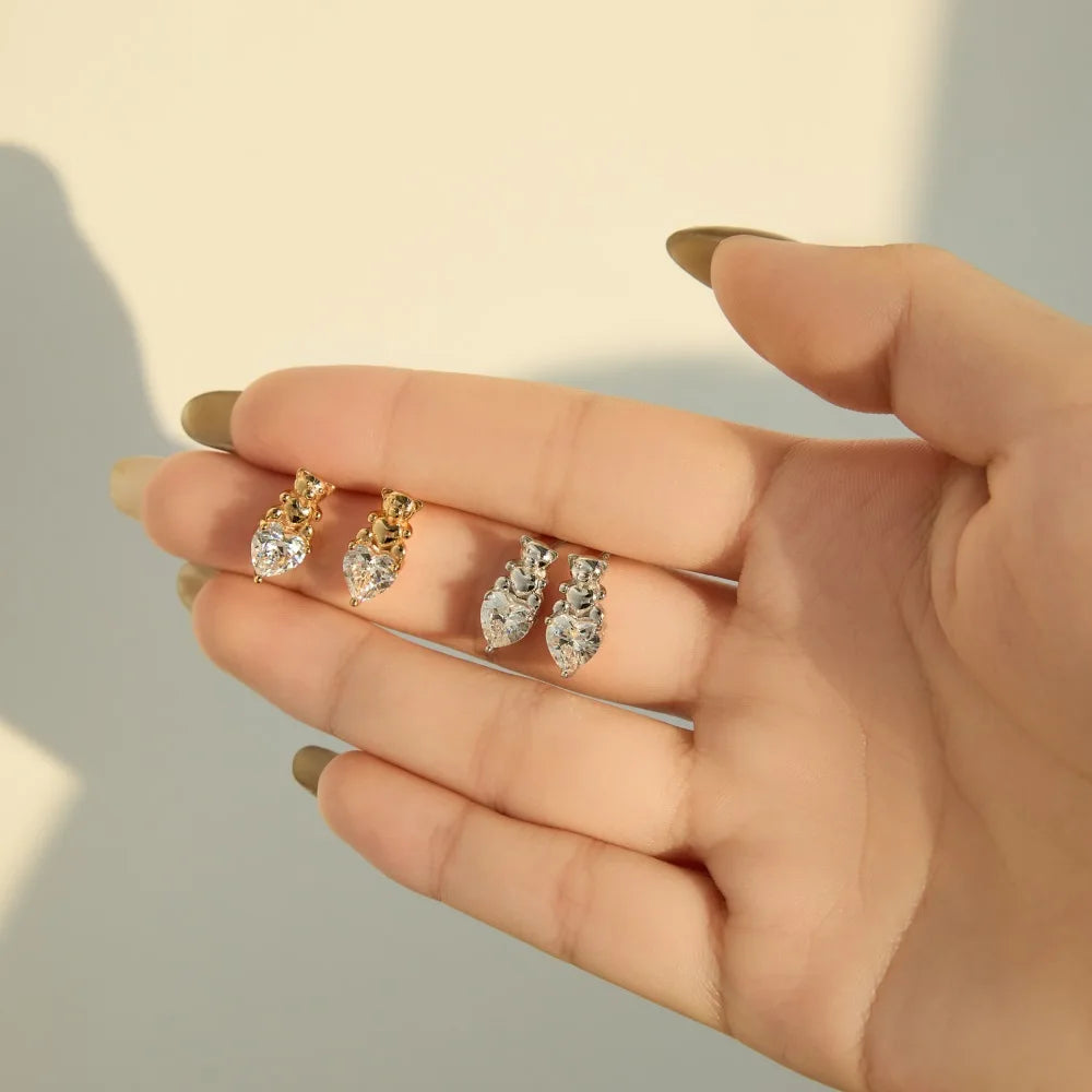 KAKODIY Cute Design Mini Fine Jewelry Rhodium Plated Champagne Gold 925 Sterling Silver 5A Cubic Zirconia Bear Heart Stud Earrings Women - product image 4
