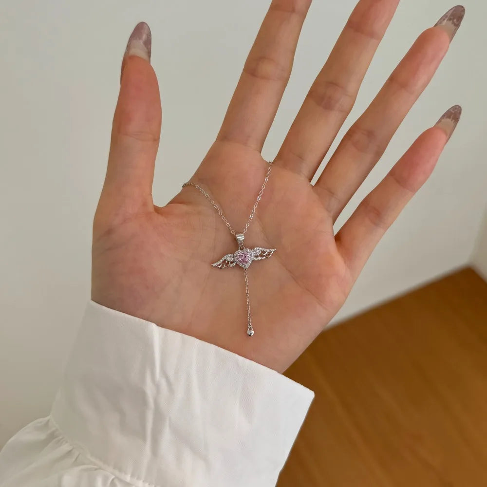 Elegance Fine Fashion Jewelry 925 Silver Link Chain 5A Cubic Zircon Tassel Heart Wings Angel Love Pendant Necklaces