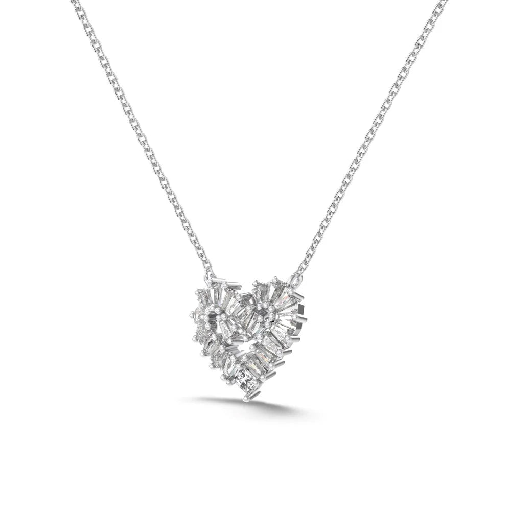 Delicate Design 925 Sterling Silver Hypoallergenic Link Chain Baguette Stone 5A Cubic Zirconia Heart Pendant Necklaces