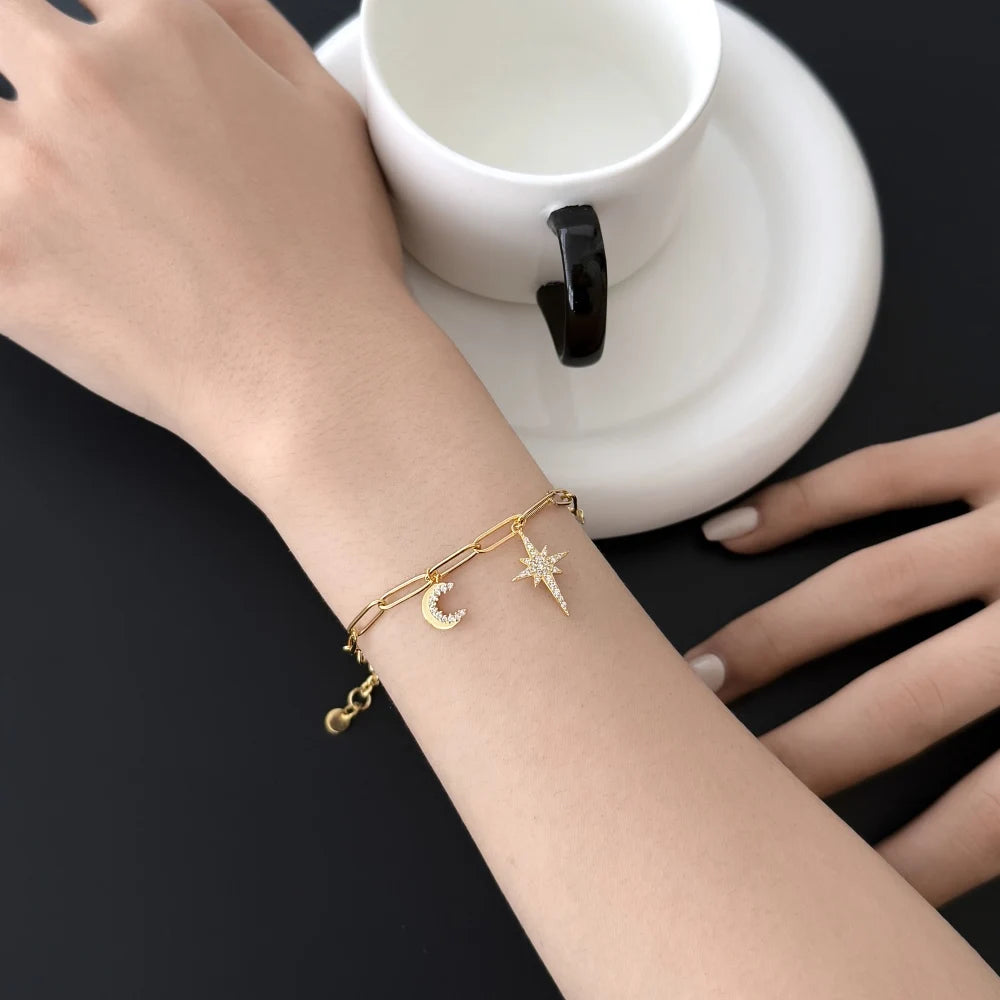 925 Sterling Silver Moon & Star CZ Chain Bracelet product image 4