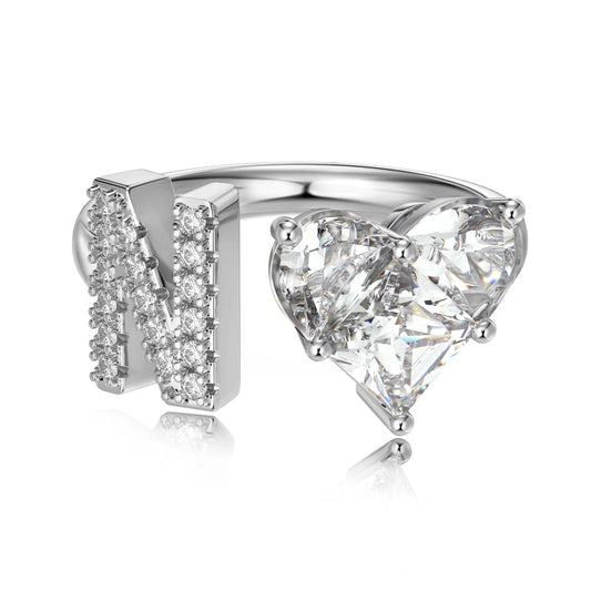 Sterling Silver 5A CZ Stackable Initial Rings Heart Capital N Letter Initial Rings for Women Teens Girls Letter Rings