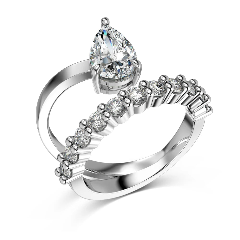 Fashion Trendy 925 Sterling Silver Rhodium Plated Double Layer Eternity Band Waterdrop Shape 5A Zirconia Ring for Women