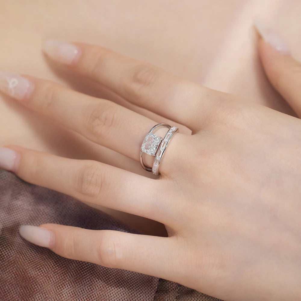Dainty Charm Design S925 Silver Non Fade Rhodium Plated Double Layer Rectangle 8A Crushed Ice Out Cut Zirconia Women Rings