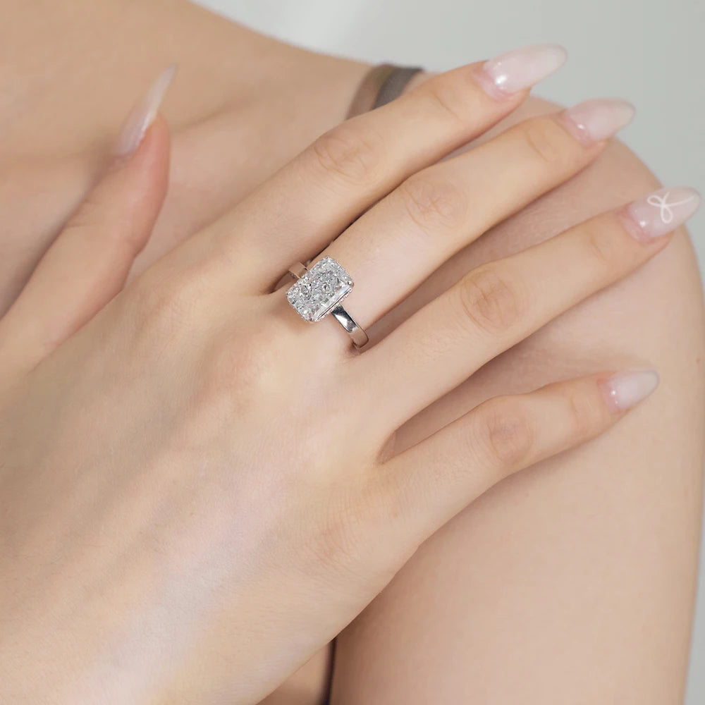 Fine Jewelry Sterling Silver Non Fade Rhodium Plated Rectangle 8A Crushed Iced Out Cut Cubic Zirconia Women Bridal Rings